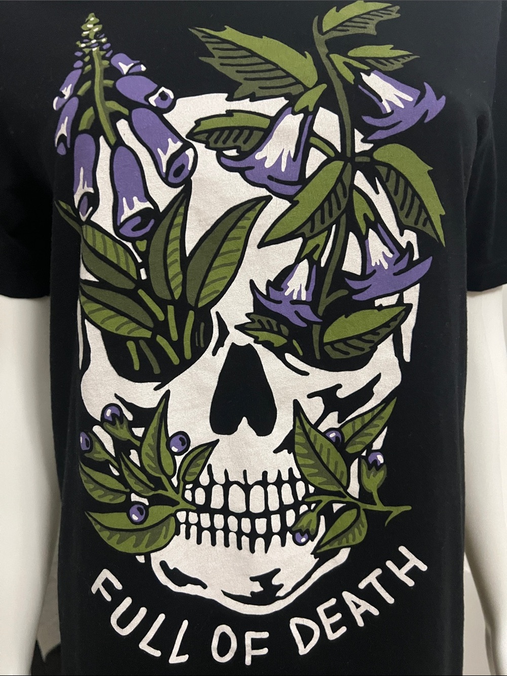Wicked Clothes 'Full Of Death' White Skull and Purple Floral Design Black Tee